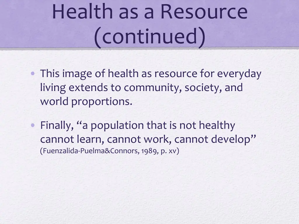 health as a resource continued