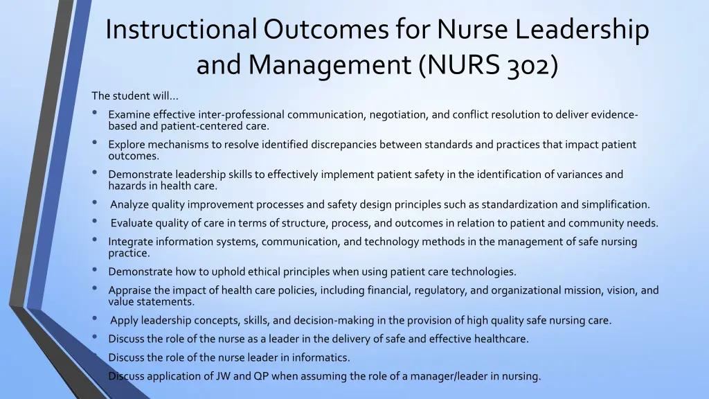 instructional outcomes for nurse leadership