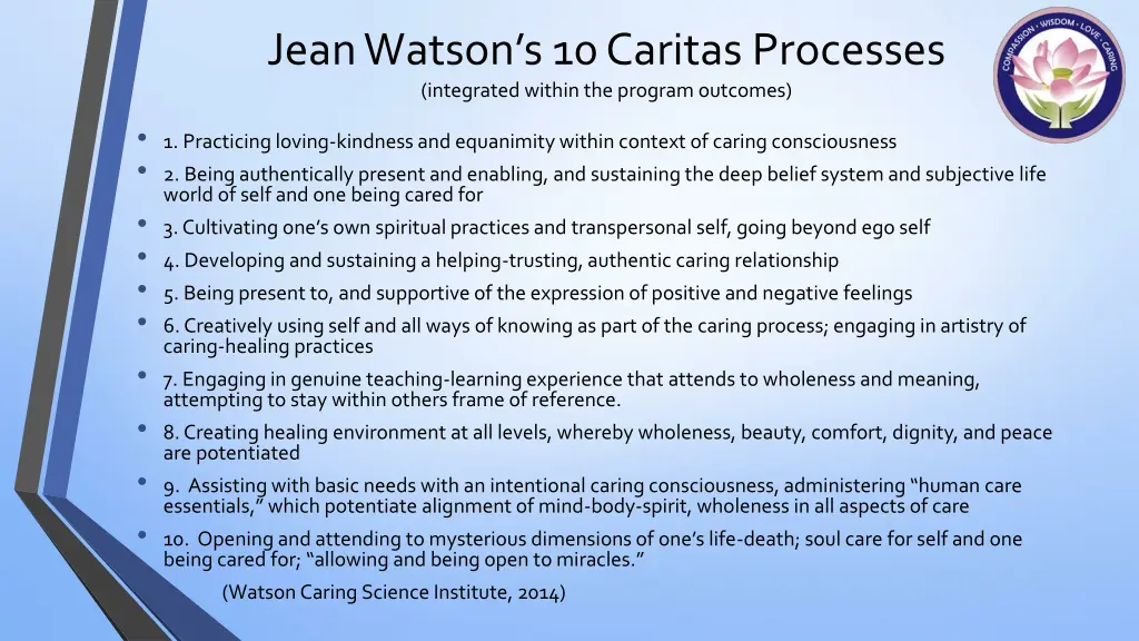 jean watson s 10 caritas processes integrated