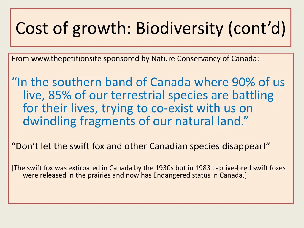 cost of growth biodiversity cont d