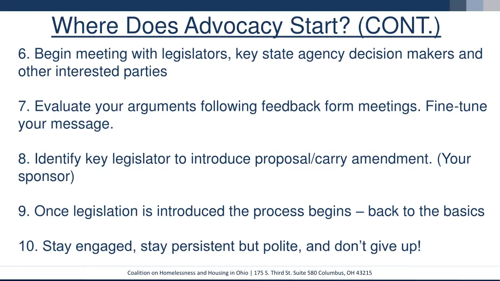 where does advocacy start cont 6 begin meeting