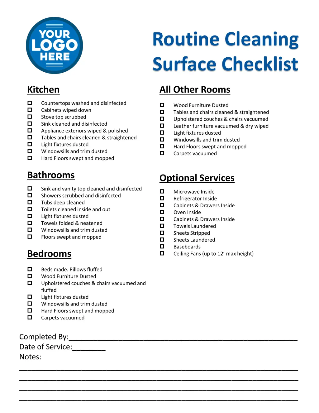 routine cleaning surface checklist