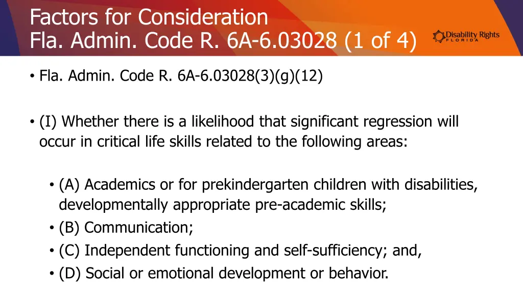 factors for consideration fla admin code