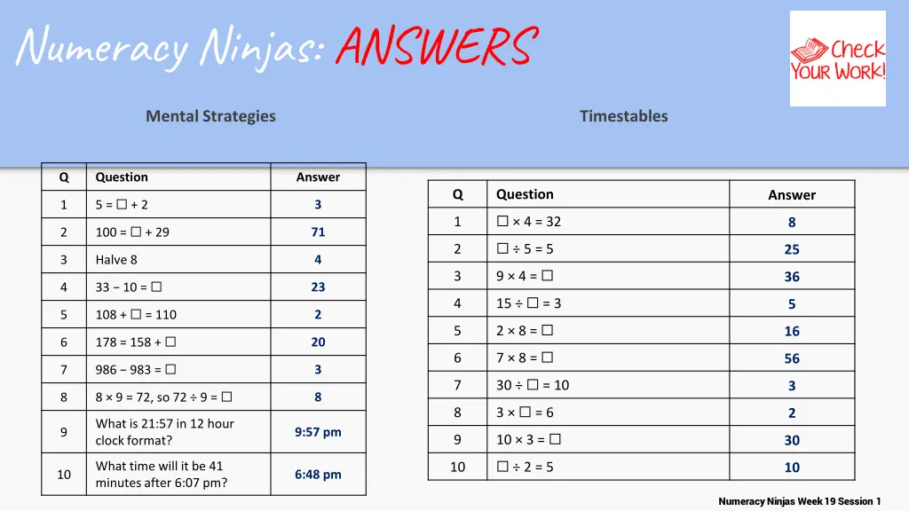 numeracy ninjas answers