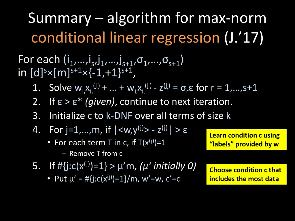 summary algorithm for max norm conditional linear