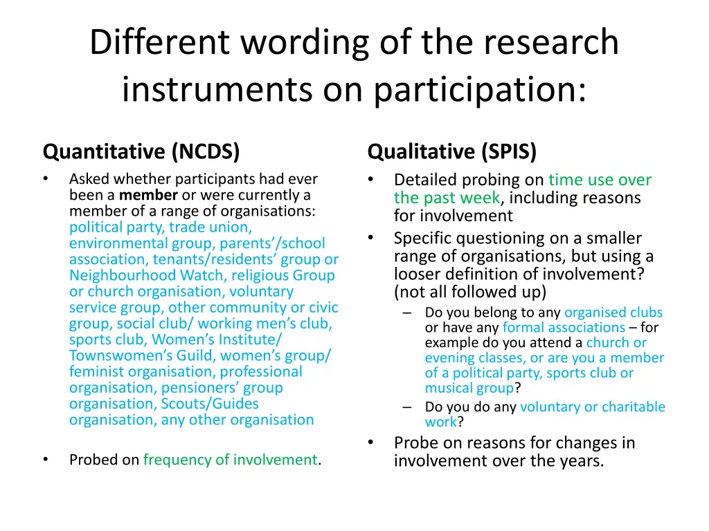 different wording of the research instruments