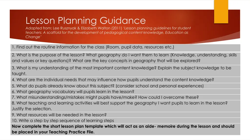 lesson planning guidance adapted from