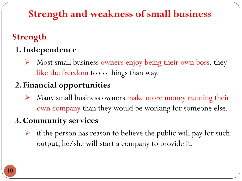 strength and weakness of small business