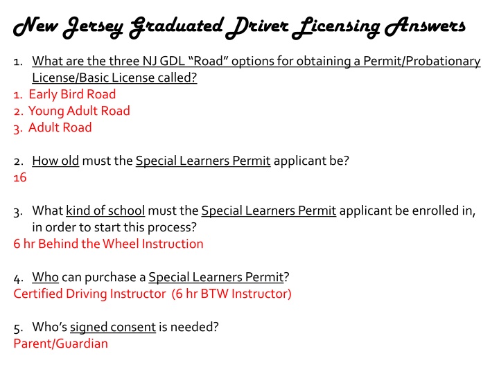 new jersey graduated driver licensing answers