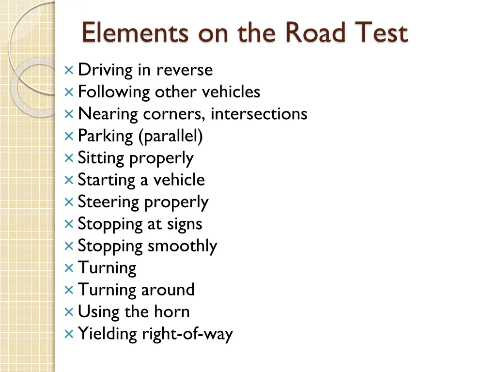 elements on the road test