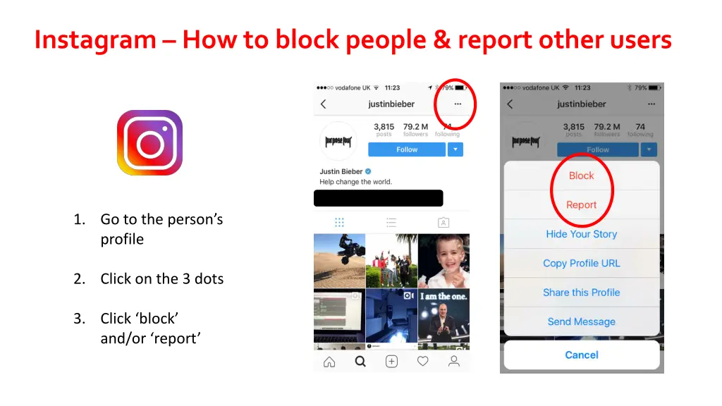 instagram how to block people report other users