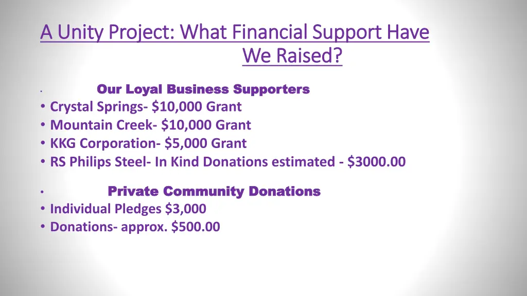 a unity project what financial support have