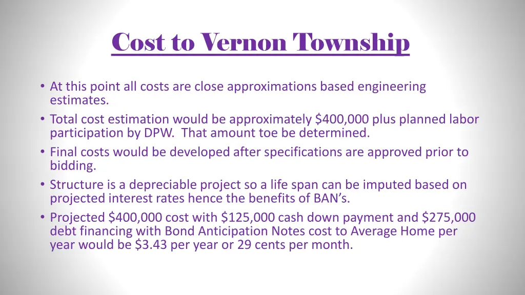 cost to vernon township