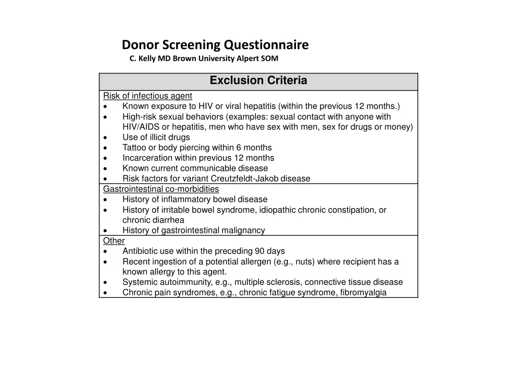 donor screening questionnaire c kelly md brown