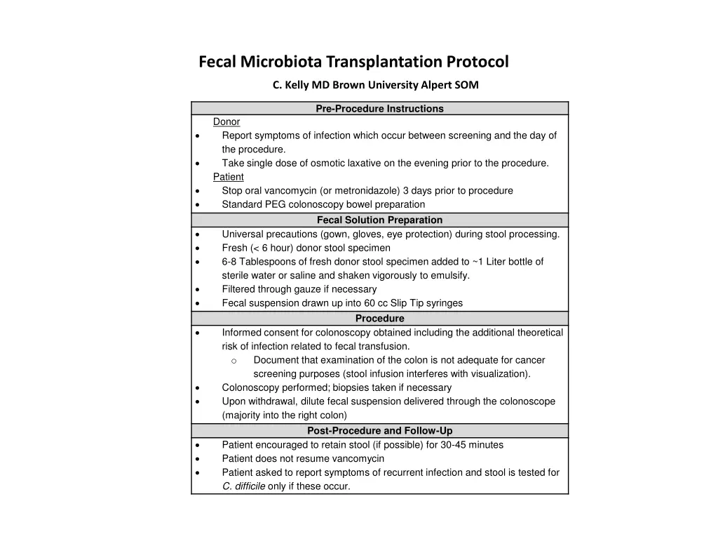 fecal microbiota transplantation protocol c kelly