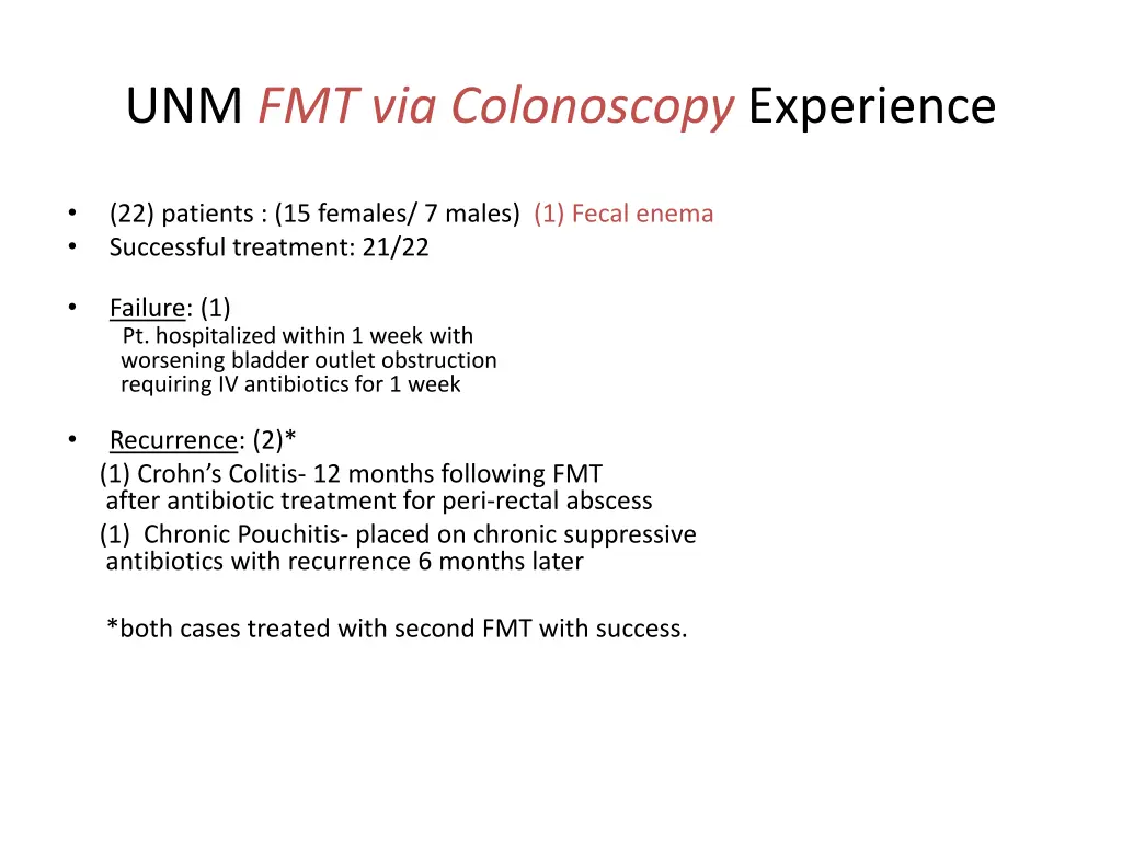 unm fmt via colonoscopy experience