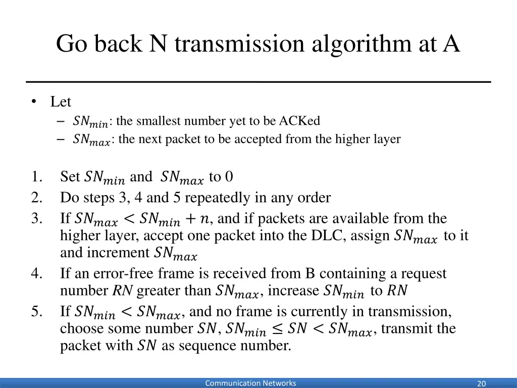 go back n transmission algorithm at a