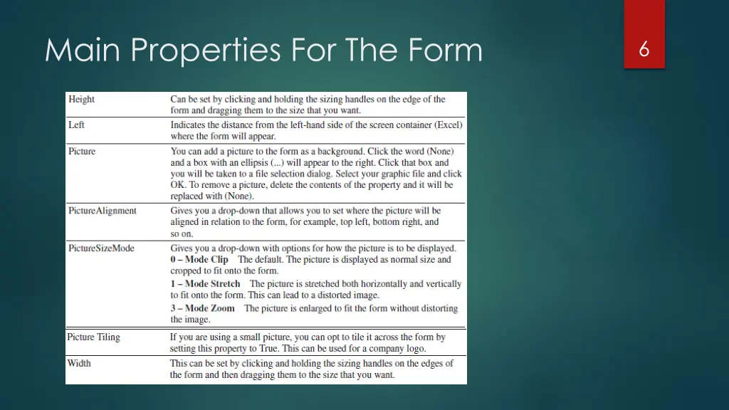 main properties for the form 1