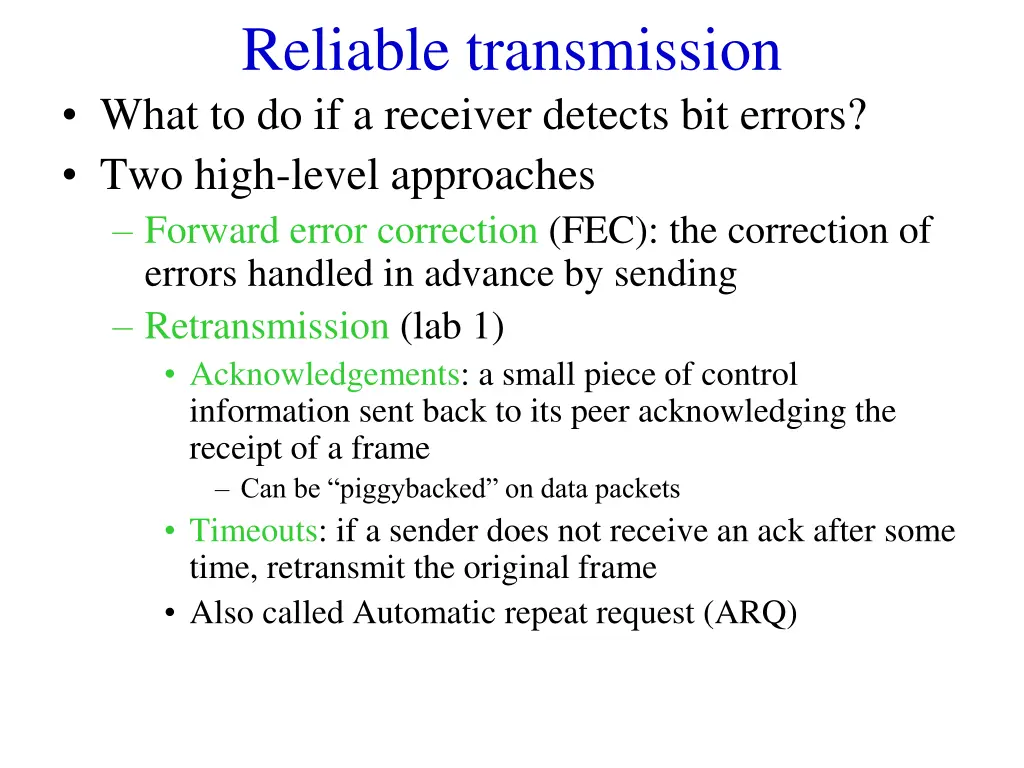 reliable transmission what to do if a receiver