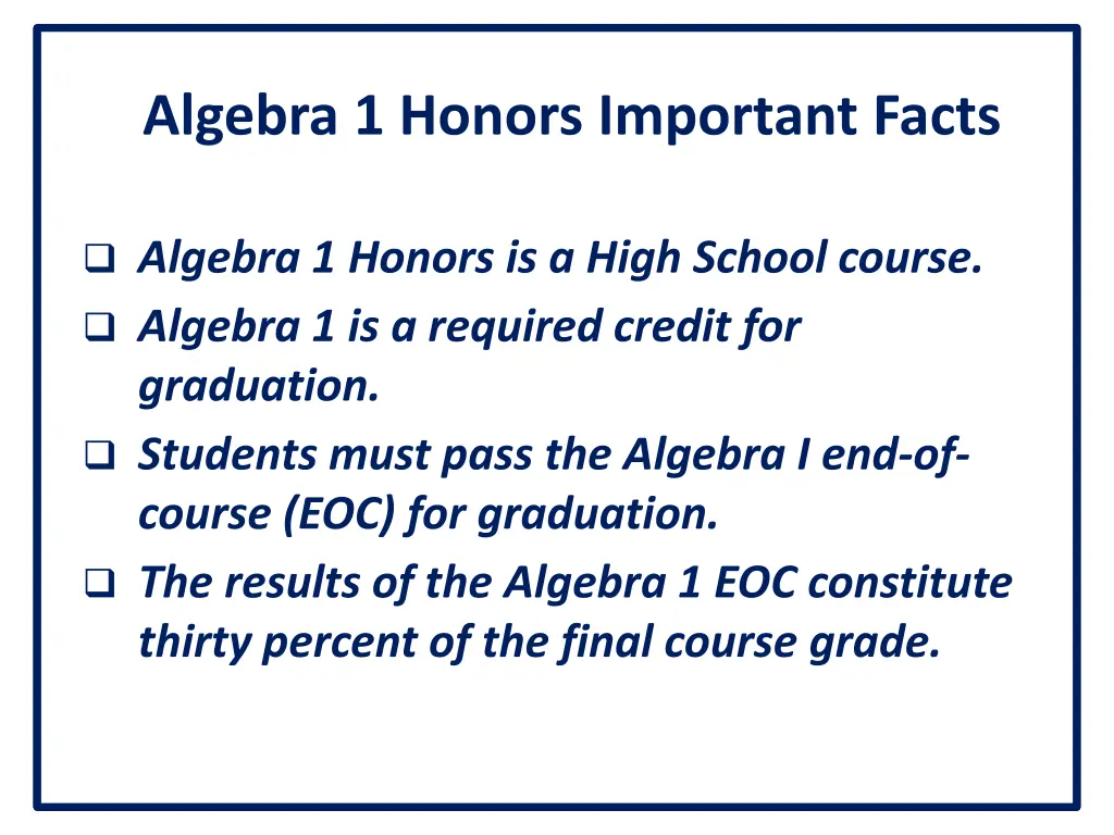 algebra 1 honors important facts