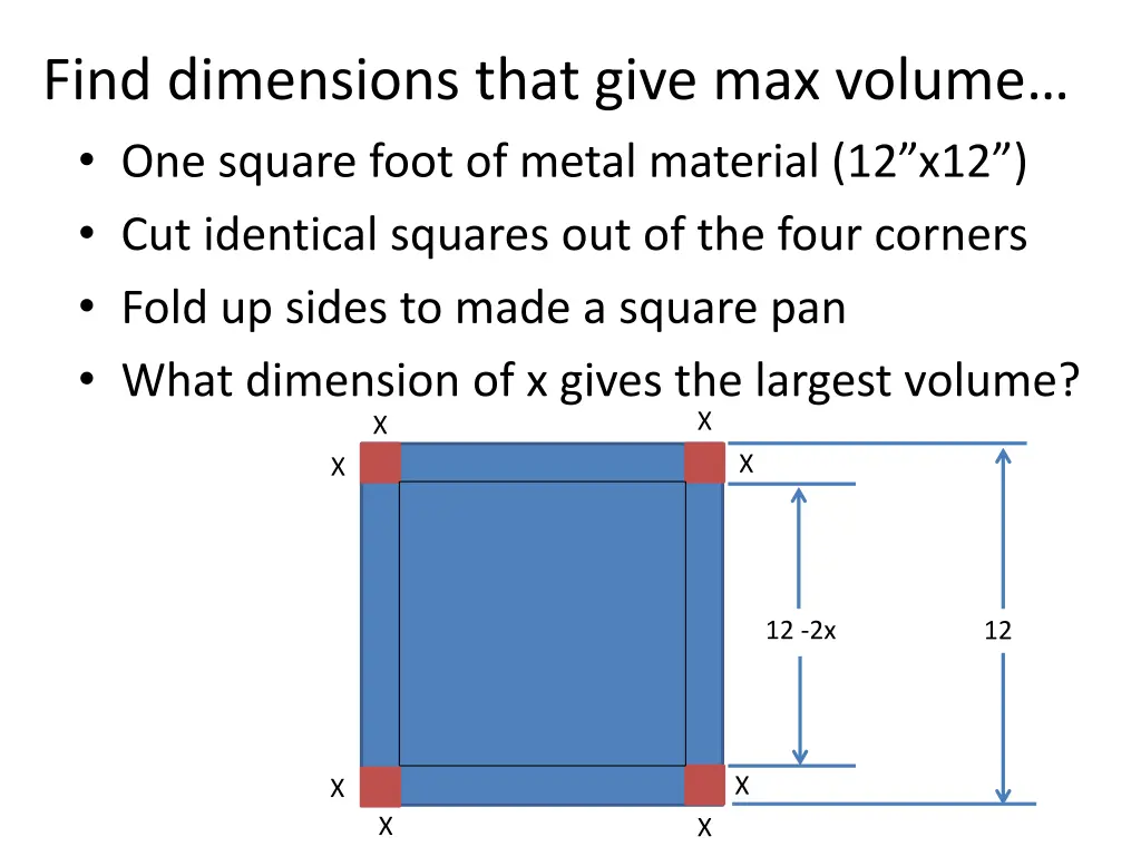 find dimensions that give max volume one square