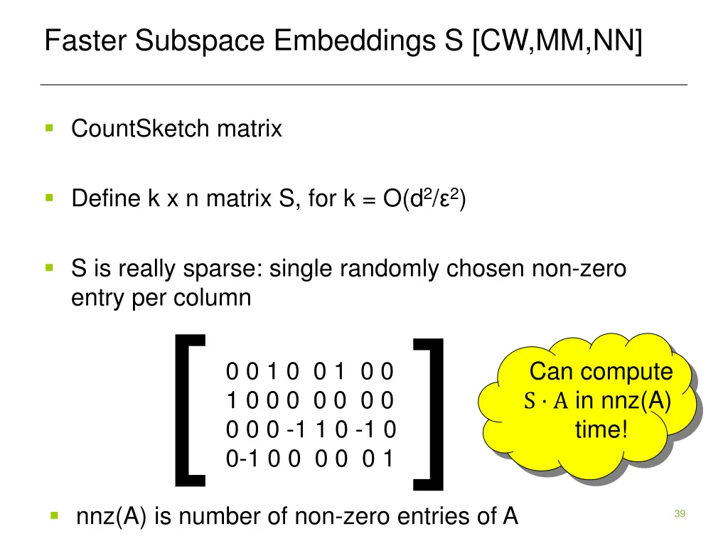 faster subspace embeddings s cw mm nn