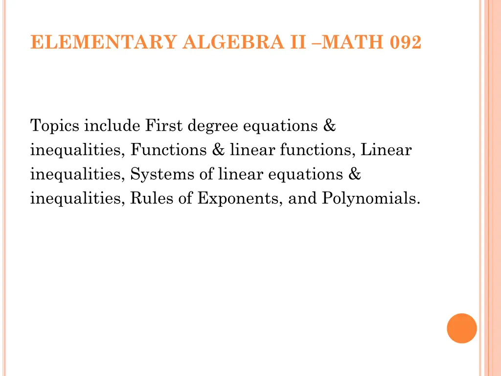 elementary algebra ii math 092