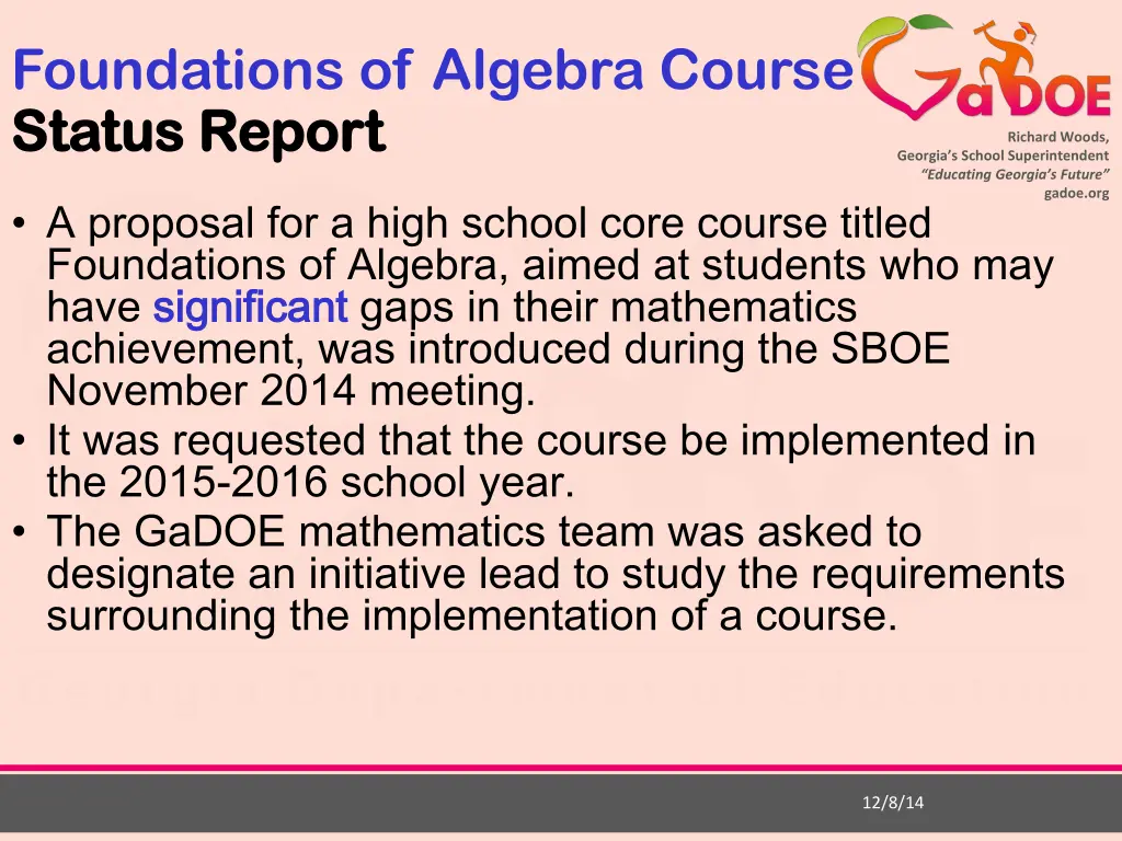 foundations of algebra course status report