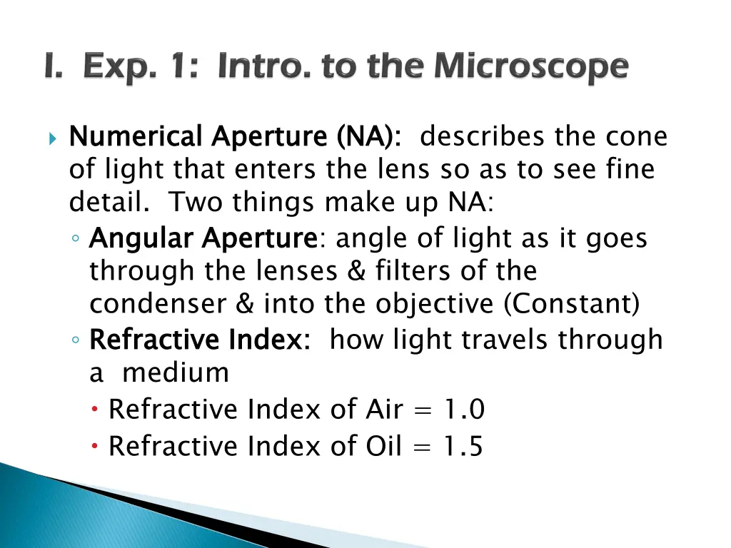 numerical aperture na of light that enters