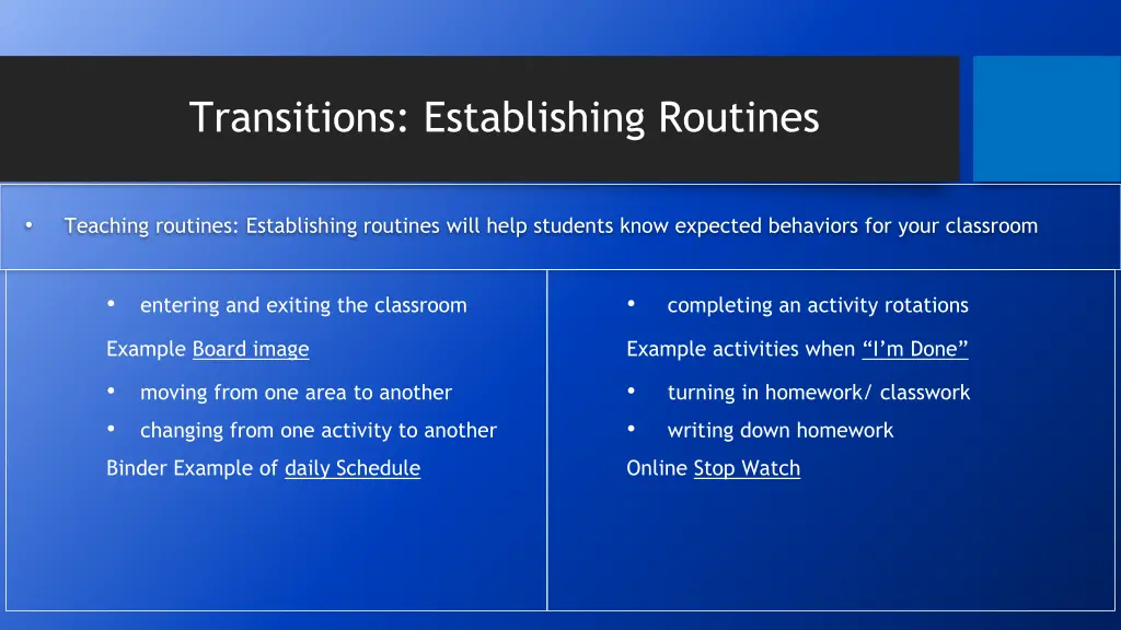 transitions establishing routines