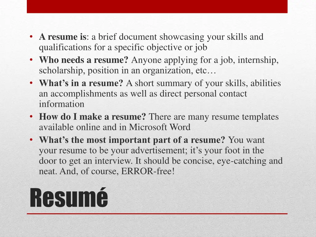 a resume is a brief document showcasing your