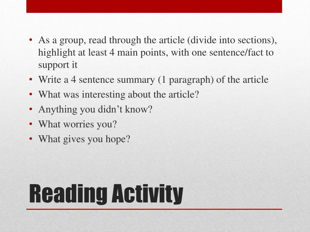 as a group read through the article divide into