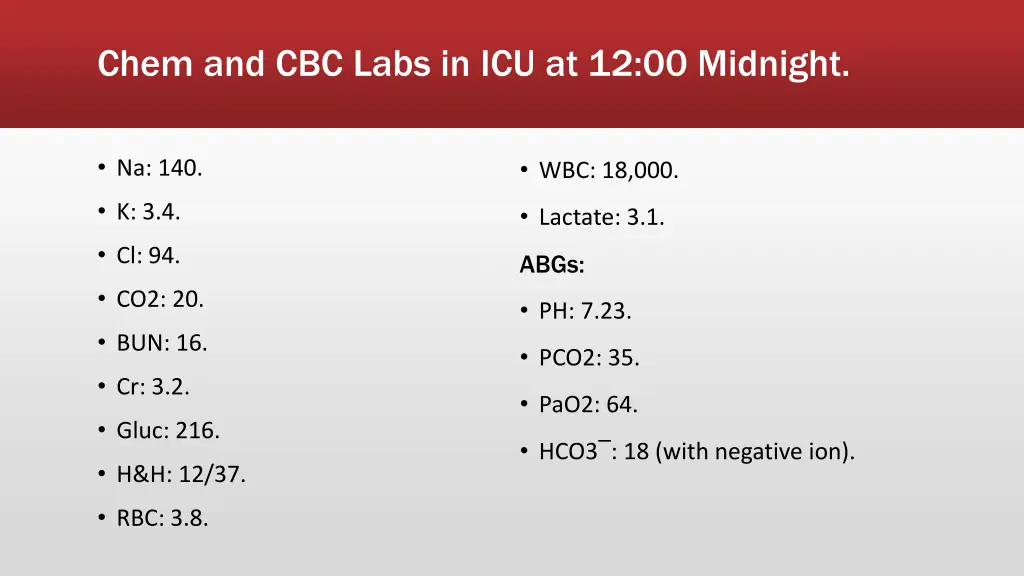 chem and cbc labs in icu at 12 00 midnight