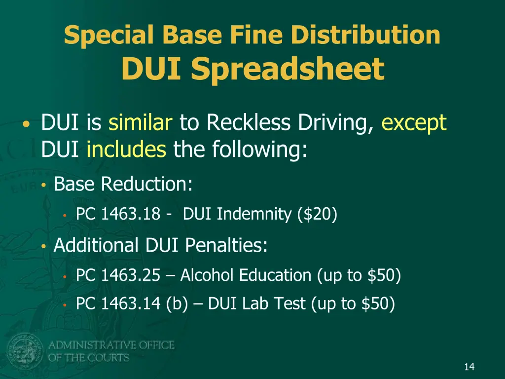 special base fine distribution dui spreadsheet