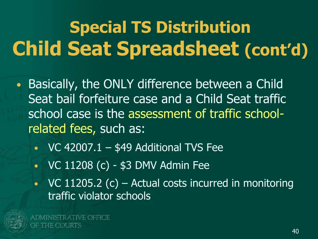 special ts distribution child seat spreadsheet