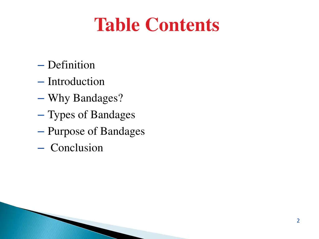 table contents