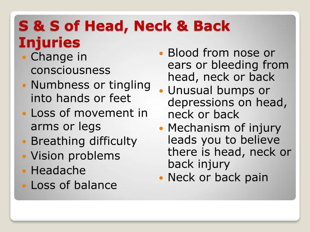 s s of head neck back injuries change