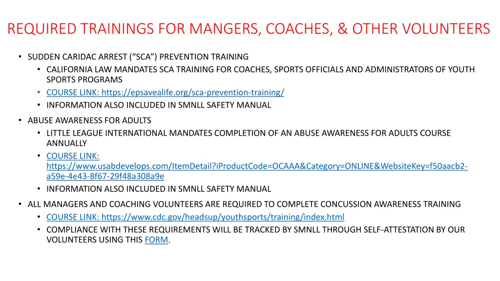 required trainings for mangers coaches other