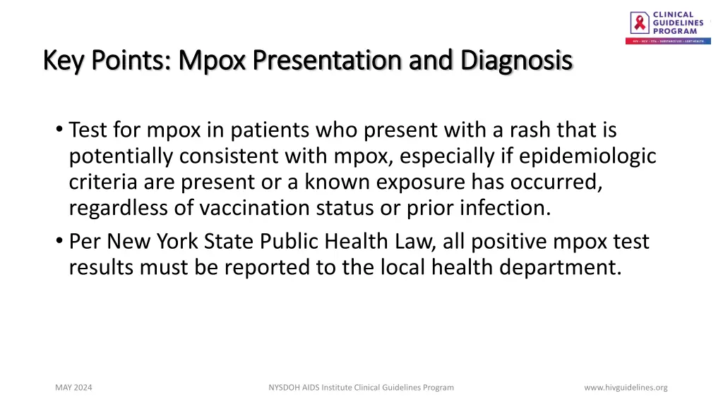 key points mpox presentation and diagnosis