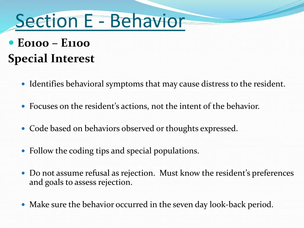 section e behavior e0100 e1100 special interest