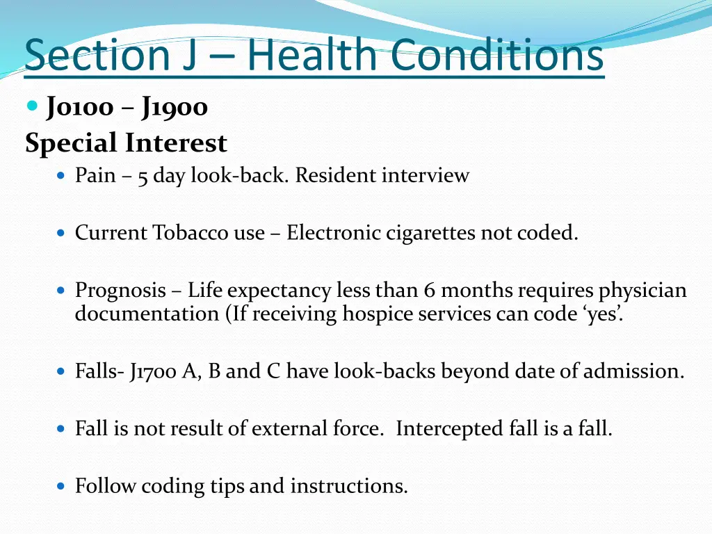 section j health conditions j0100 j1900 special