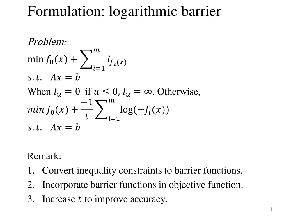 formulation logarithmic barrier