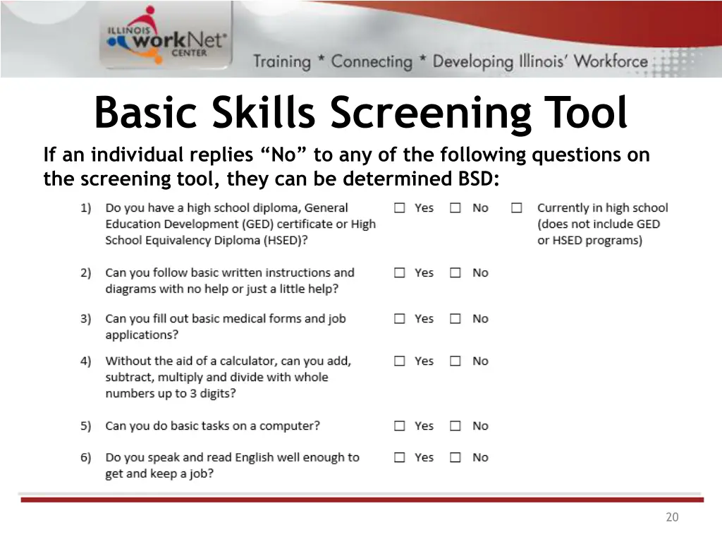 basic skills screening tool if an individual