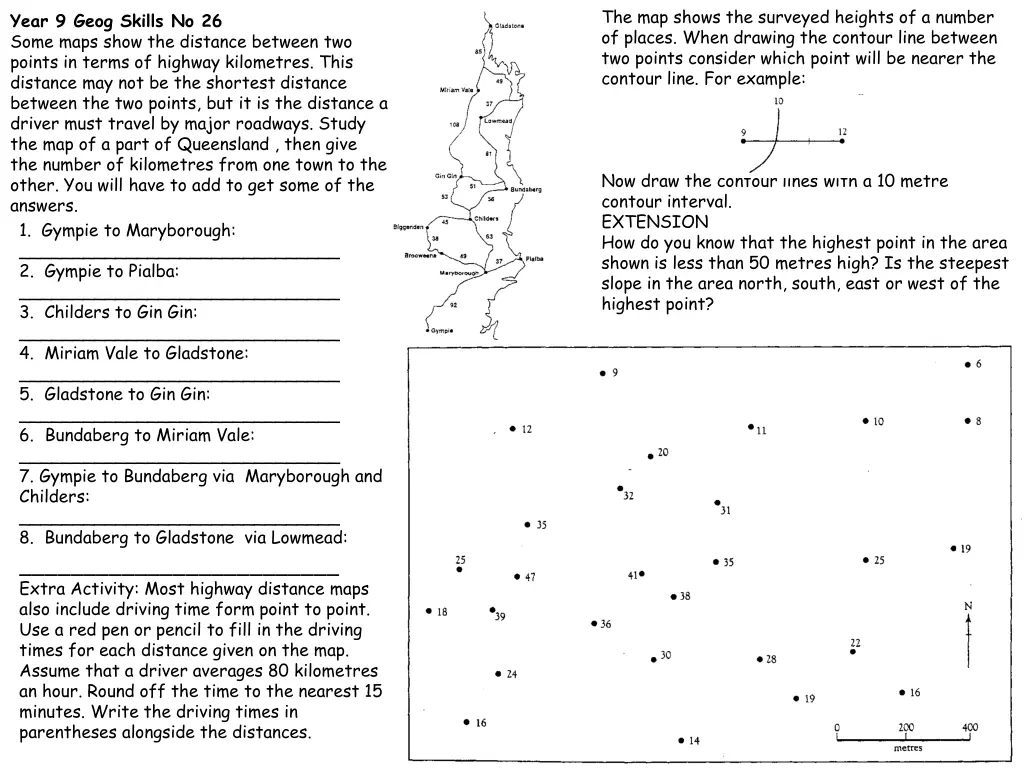 the map shows the surveyed heights of a number