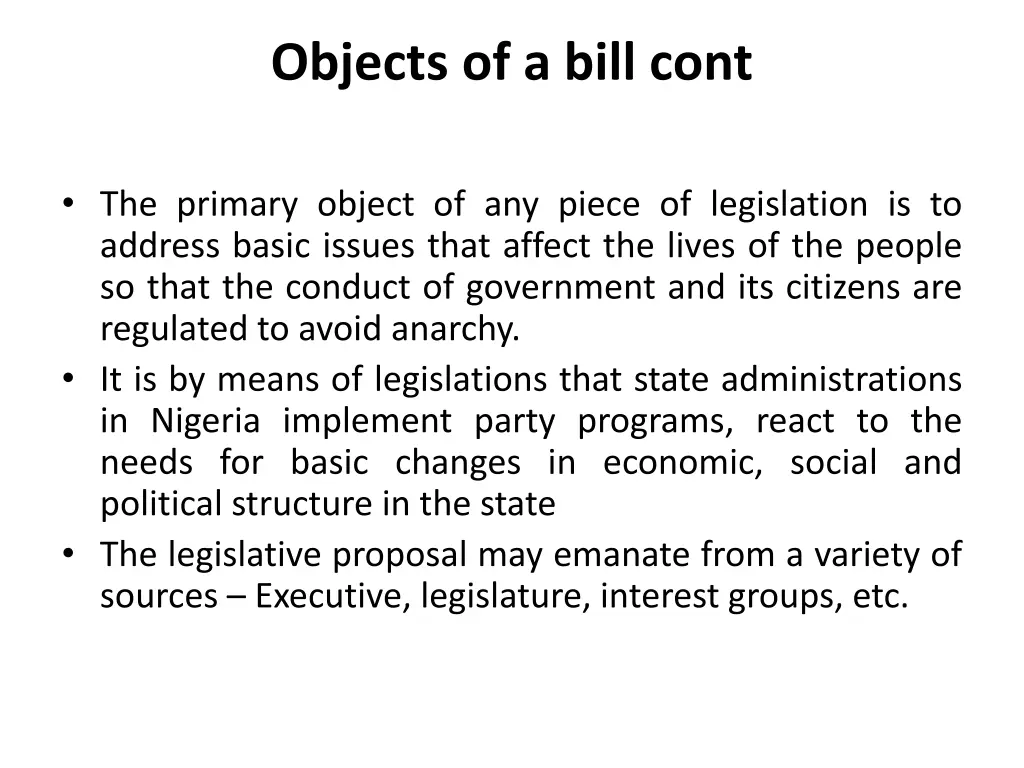 objects of a bill cont