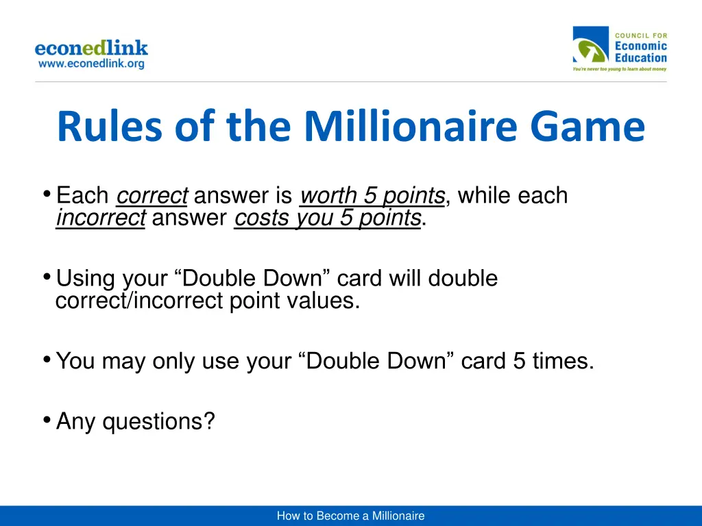 rules of the millionaire game