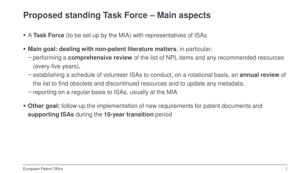 proposed standing task force main aspects