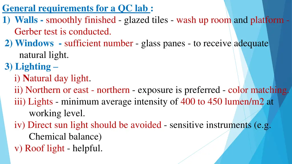 general requirements for a qc lab 1 walls