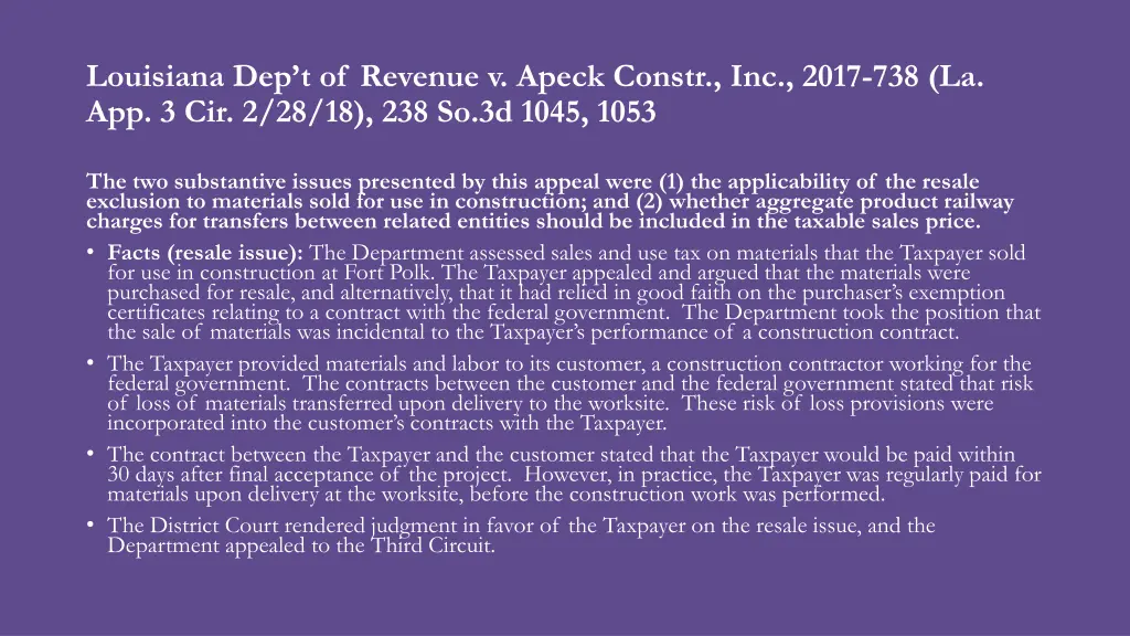 louisiana dep t of revenue v apeck constr