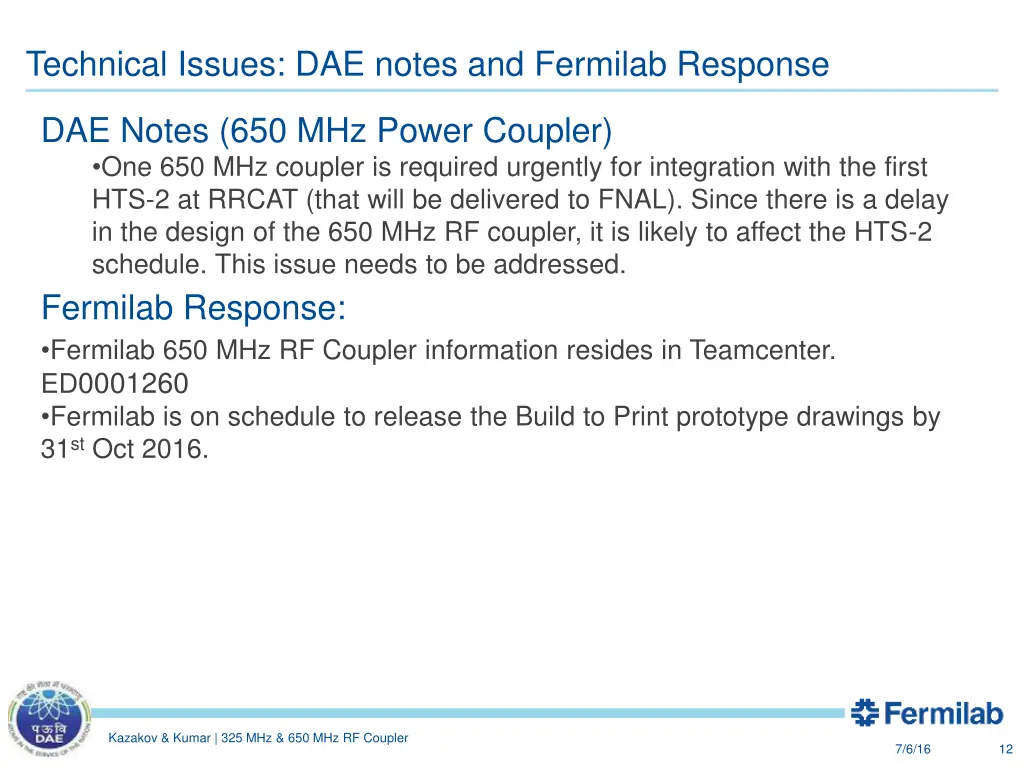 technical issues dae notes and fermilab response 1